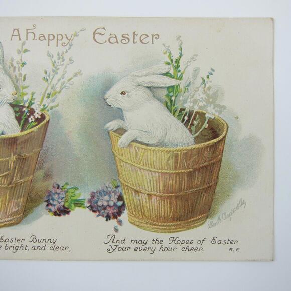 Easter Postcard Two White Rabbits in Baskets Purple Flowers Embossed Antique - Picture 3 of 12